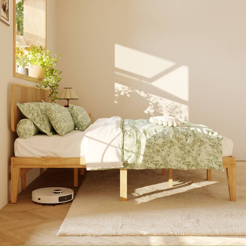Solid Wood Platform Bed Frame with Rattan Headboard, 600 lbs Heavy Duty Support, Plywood Slats Queen / Full Size
