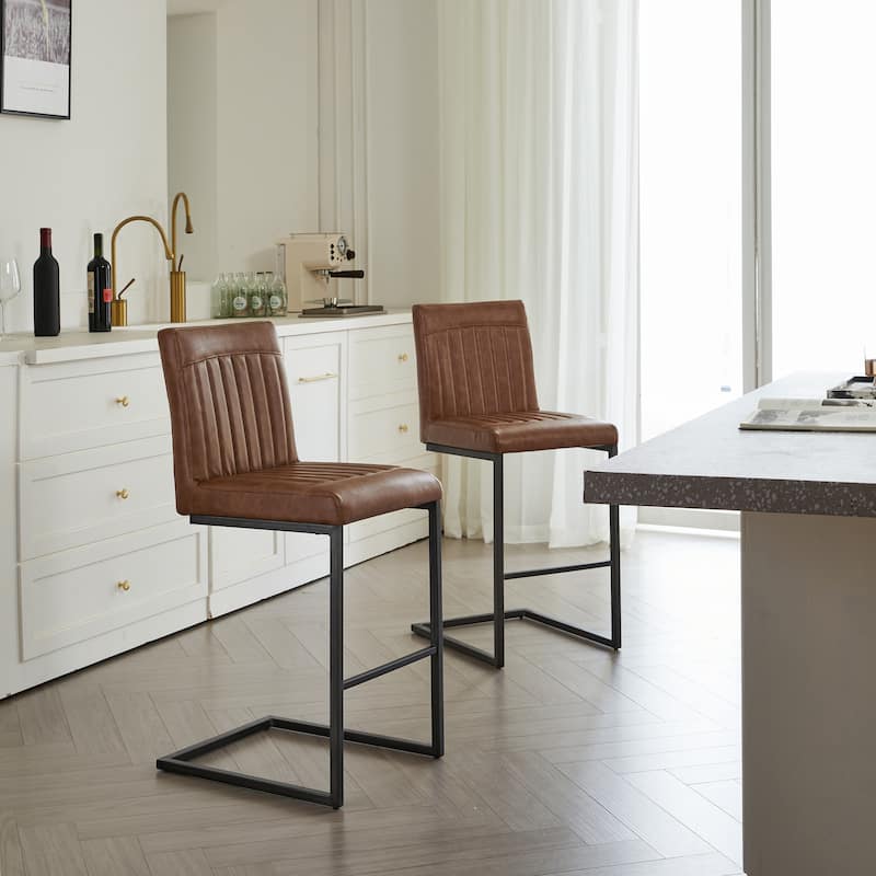 Set of 2 Vintage Brown Faux Leather Bar Stools, 26" Height with Tufted Backrest & Black Metal Frame