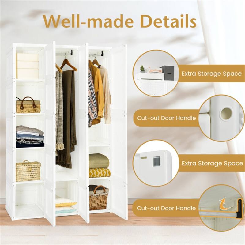 White PP and ABS Foldable Portable Closet with 10 Cubbies, Rods and Magnet Doors - 40.9" x 19.7" x 66.9" (L x W x H)