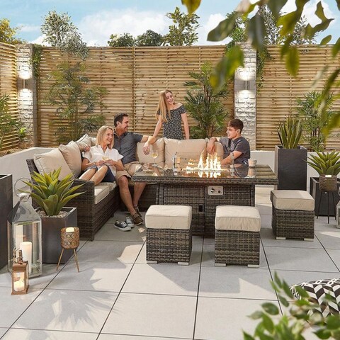 6-Piece Patio L Shape Wicker Sofa with Firepit Table and Ottomans