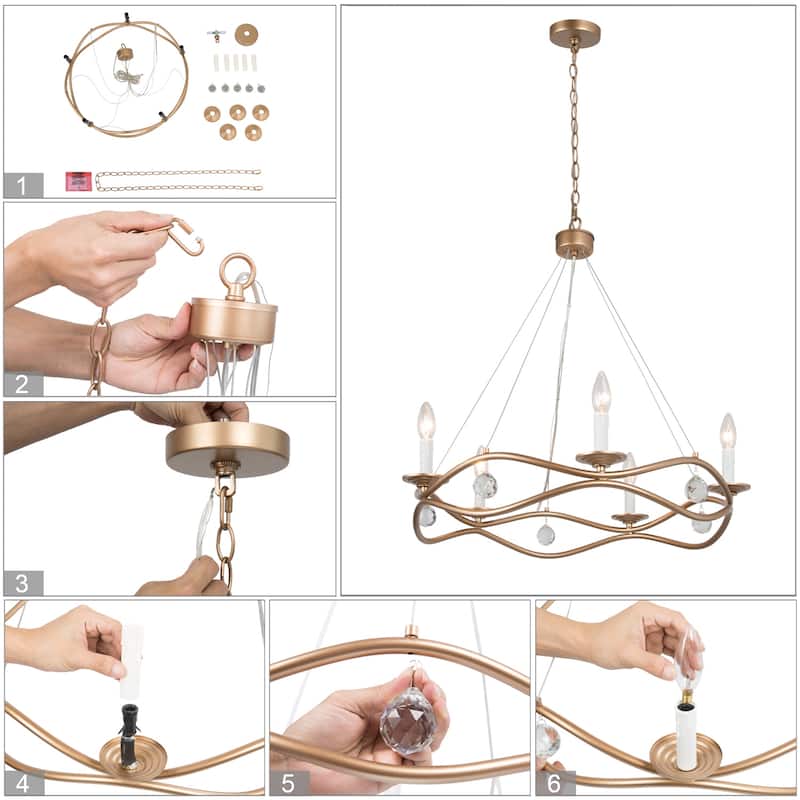 Modern Gold 5-light Linear Chandelier Wagon Wheel Candle Ceiling Lighting with Crystal Drop - D25"xH31.5"