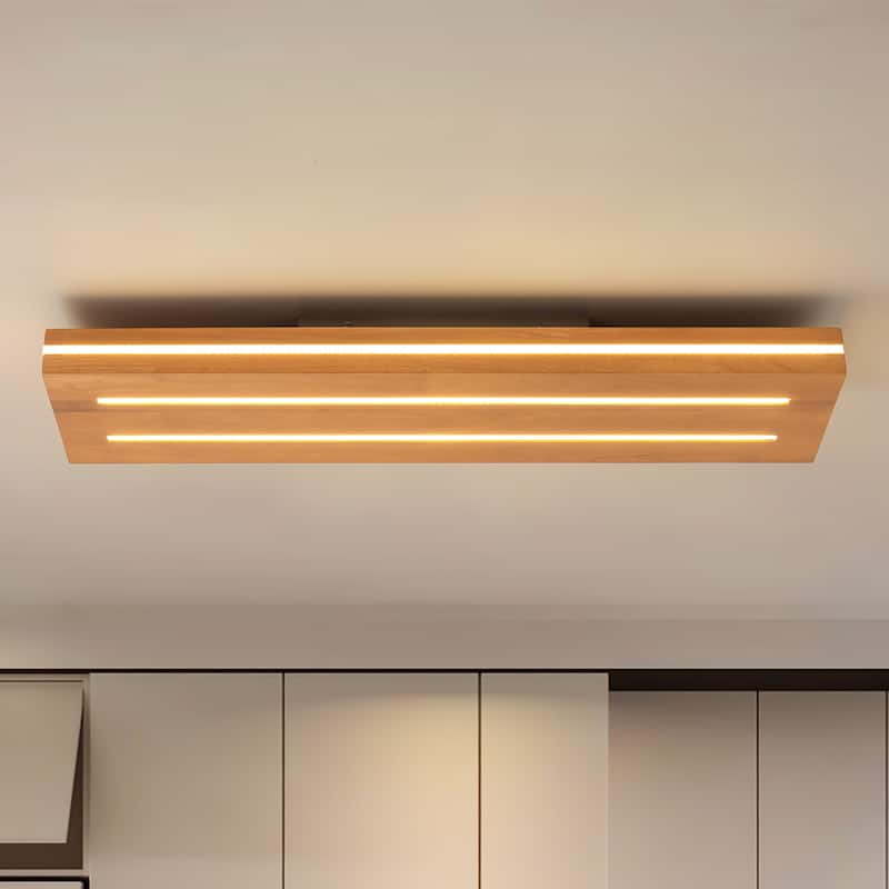 31.5 in. Farmhouse Brown Rectangular Wood LED Flush Mount Ceiling Light - 31.5 in. W x 7.48 in. H x 7.87 in. D