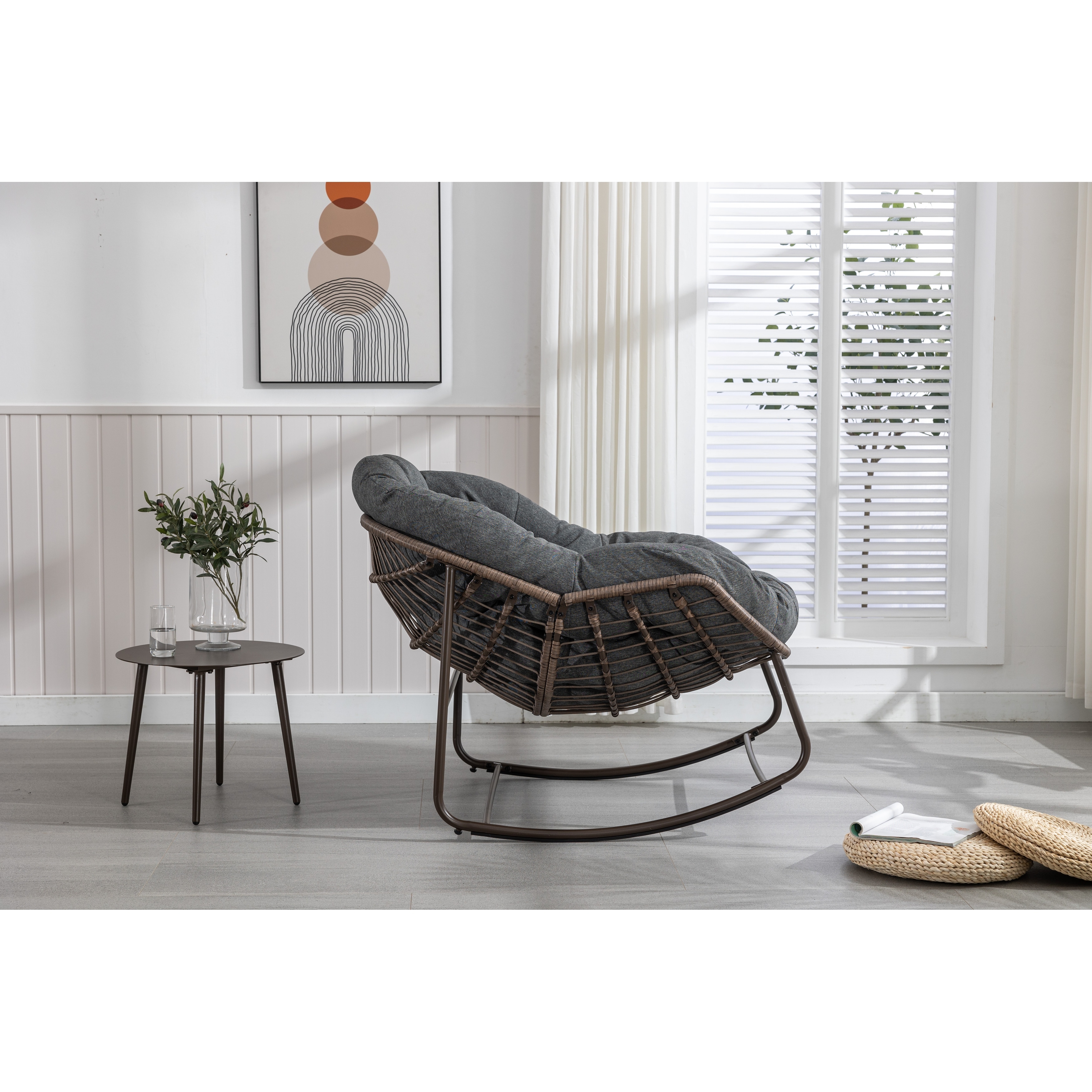 Modern Rattan Rocking Chair, Padded Cushion Rocker Recliner Chair