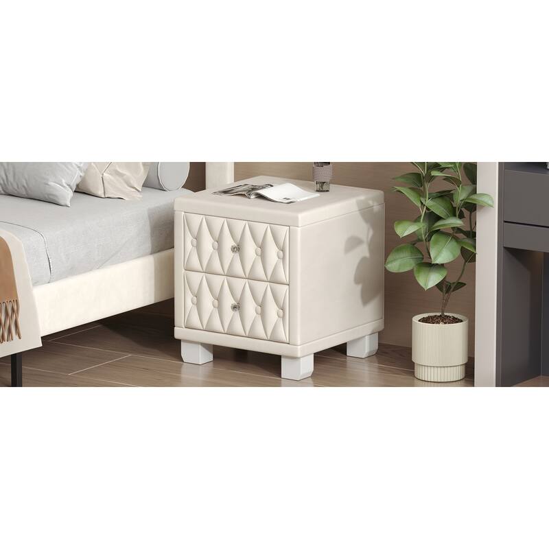 Elegant Velvet Nightstand, Bedside Storage Cabinet with Button-Tufted, Side Table with 2 Drawers with Crystal Handles