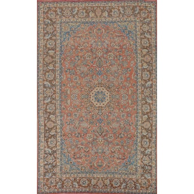 Orange Floral Kashan Persian Vintage Area Rug Hand-Knotted Wool Carpet - 7'10"x 12'6"
