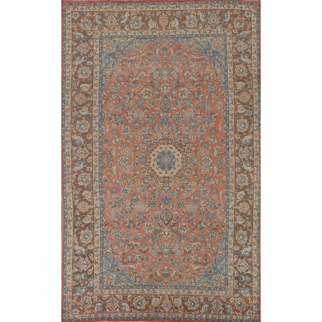 Orange Floral Kashan Persian Vintage Area Rug Hand-Knotted Wool Carpet - 7'10"x 12'6"