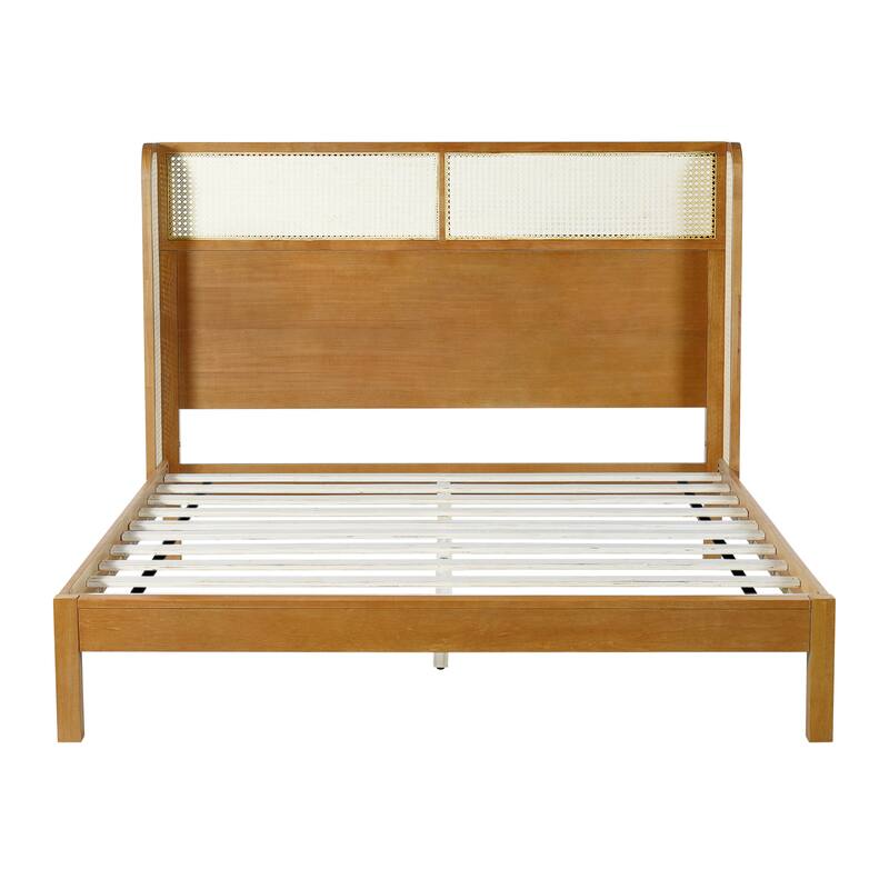 Queen Size Rubber Wood Platform Bed Frame with Headboard, Mid Century Modern Design