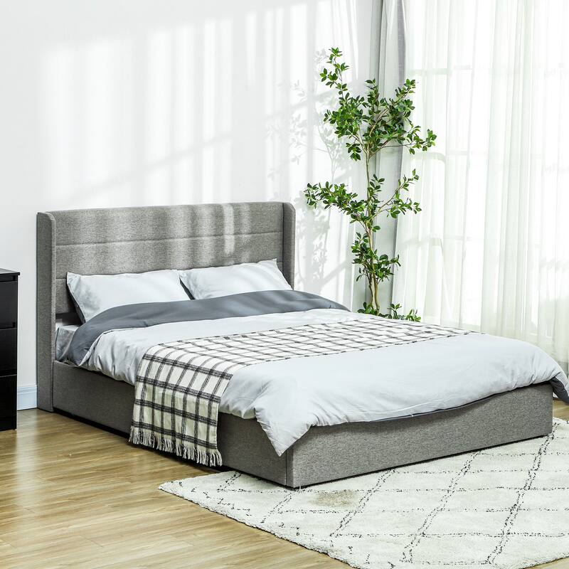 Light Grey Linen Fabric Upholstered Bed Frame with 4 Storage Drawers and Steel Frame