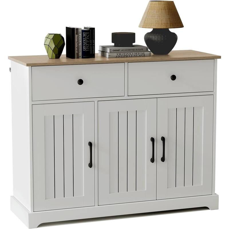 Buffet Cabinet with Drawers, Large Kitchen Buffet Storage Cabinet with Adjustable Shelves - White