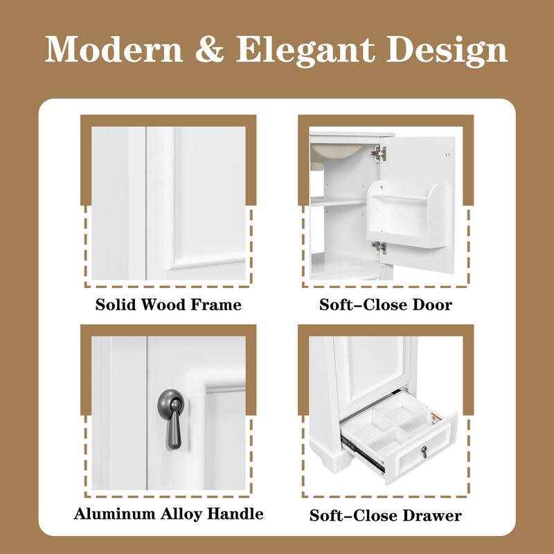 20" Bathroom Vanity with Ceramic Sink, Soft-Close Door, Drawer, Adjustable U-Shaped Shelf, Modern Freestanding Design