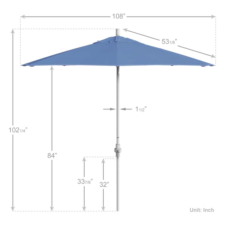 California Umbrella 9' Rd Patio Umbrella White Aluminum Frame Fiberglass Ribs Crank Lift Collar Tilt, Pacifica Pacific Blue