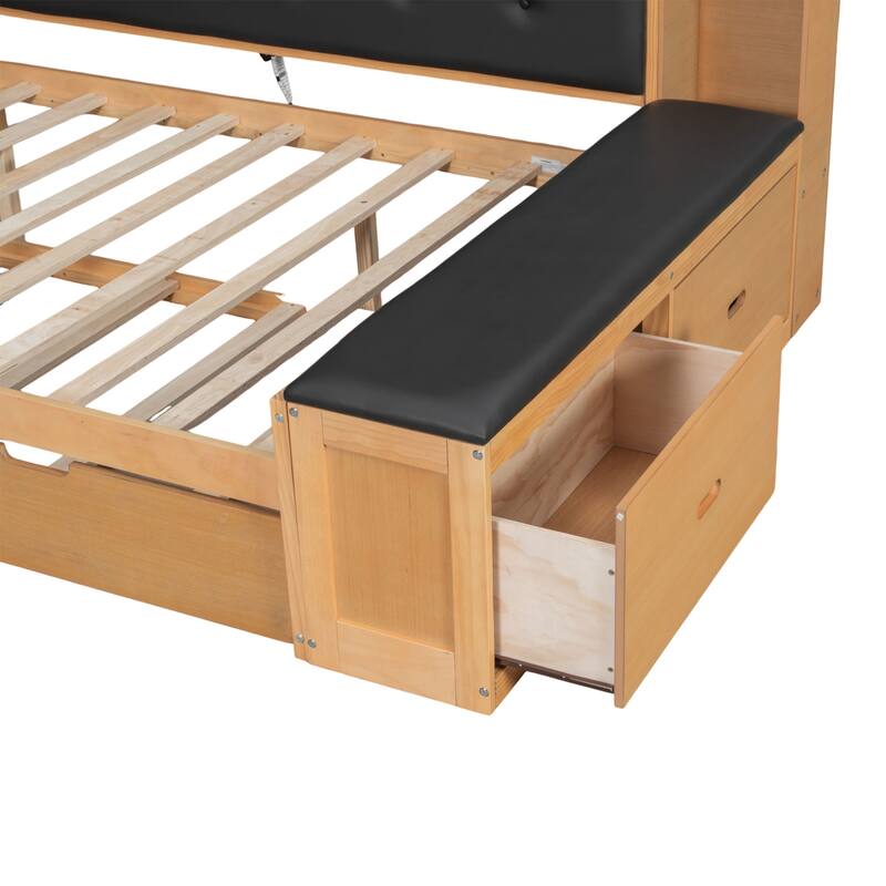 Full Size Wood Daybed with Trundle, Padded Bench, Charging Station, and Upholstered Headboard by Harper&Bright Designs