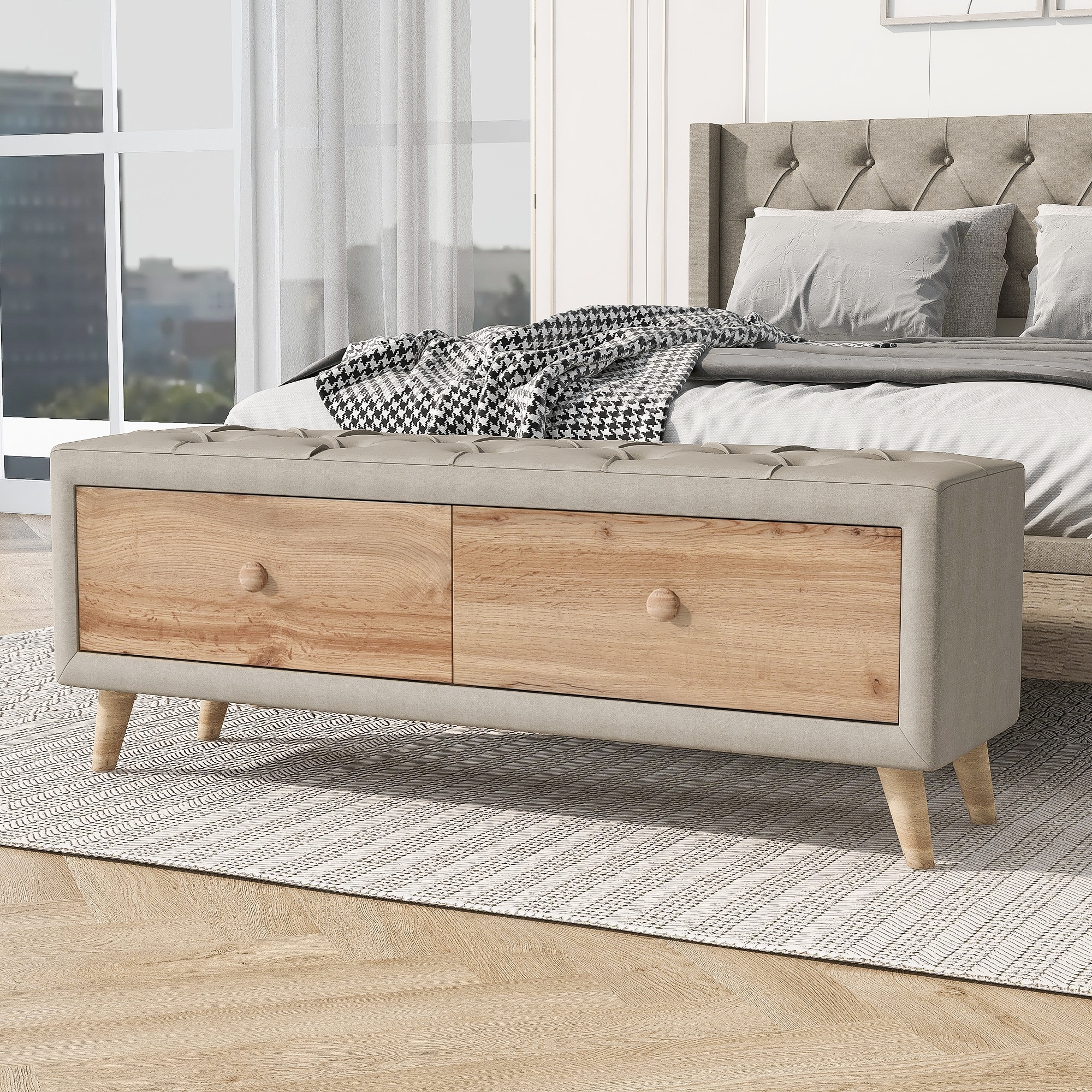 Upholstered Wooden Storage Ottoman Bench with 2 Drawers for