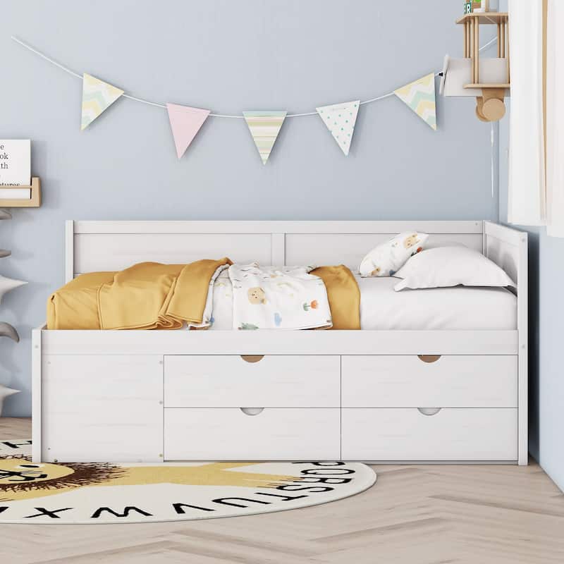 Nordic Creative Full Size Daybed with Drawers and Shelves Storage Bed Frame for Kids Teens Adults Space-Saving, Easy Assembly - White