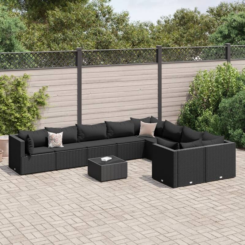 vidaXL Patio Sofa Set with Cushions Lounge Setting Outdoor Furniture Poly Rattan - 9.8 x 9.8 x 8.9 - Black 10 Piece with table