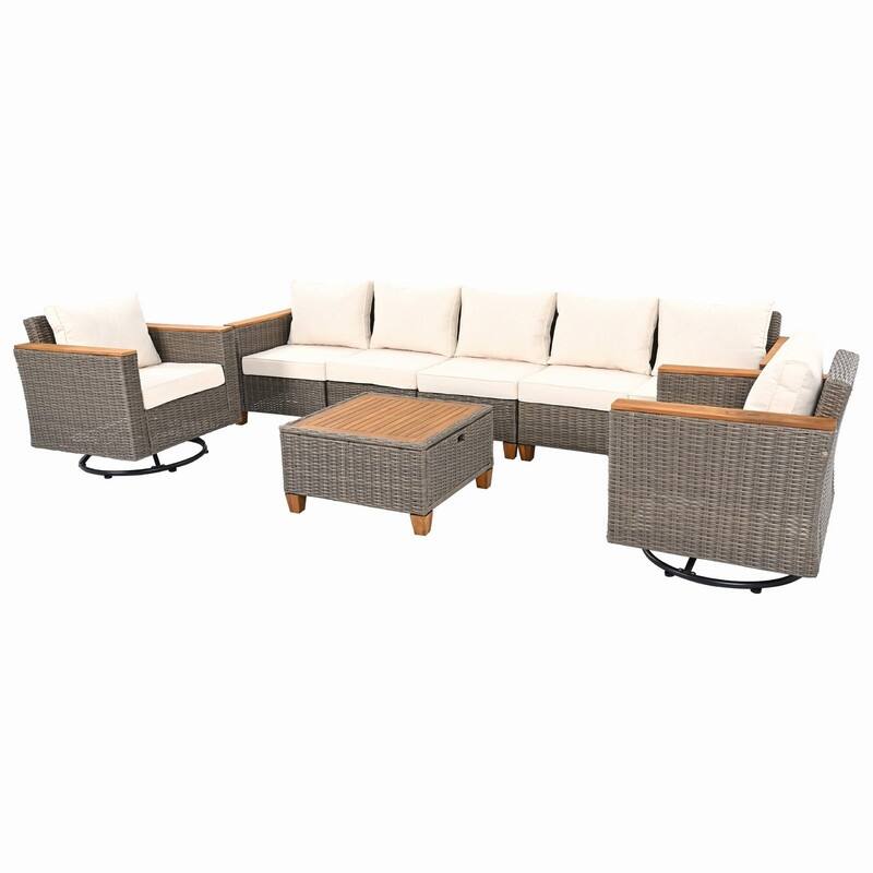 8-Piece Wicker Outdoor Conversation Set with Swivel Rocking Chairs and Acacia Wood Storage Table