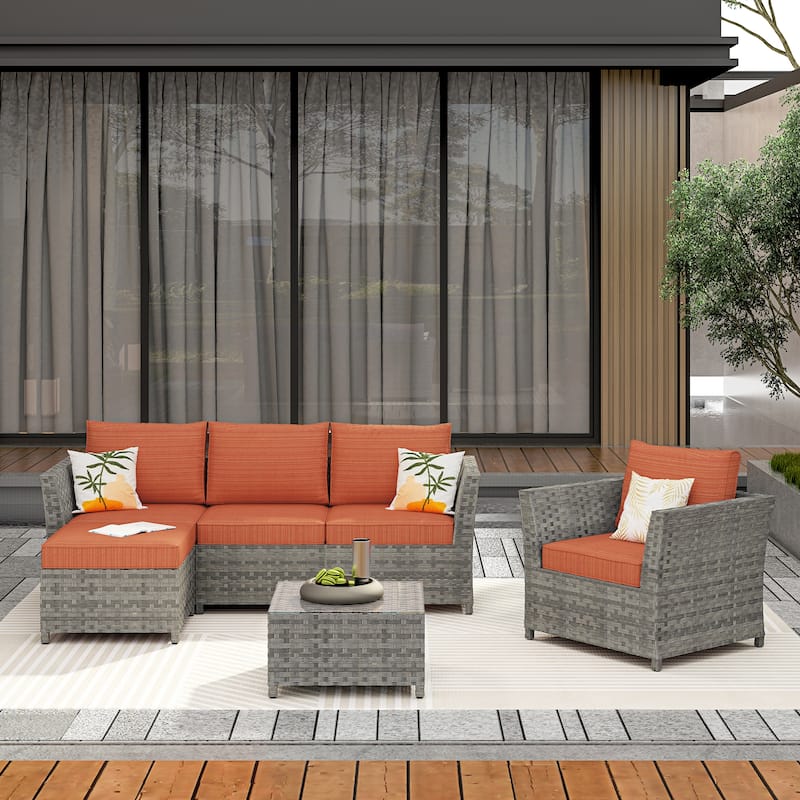 OVIOS 6-Piece Patio Grey Wicker Conversation Set