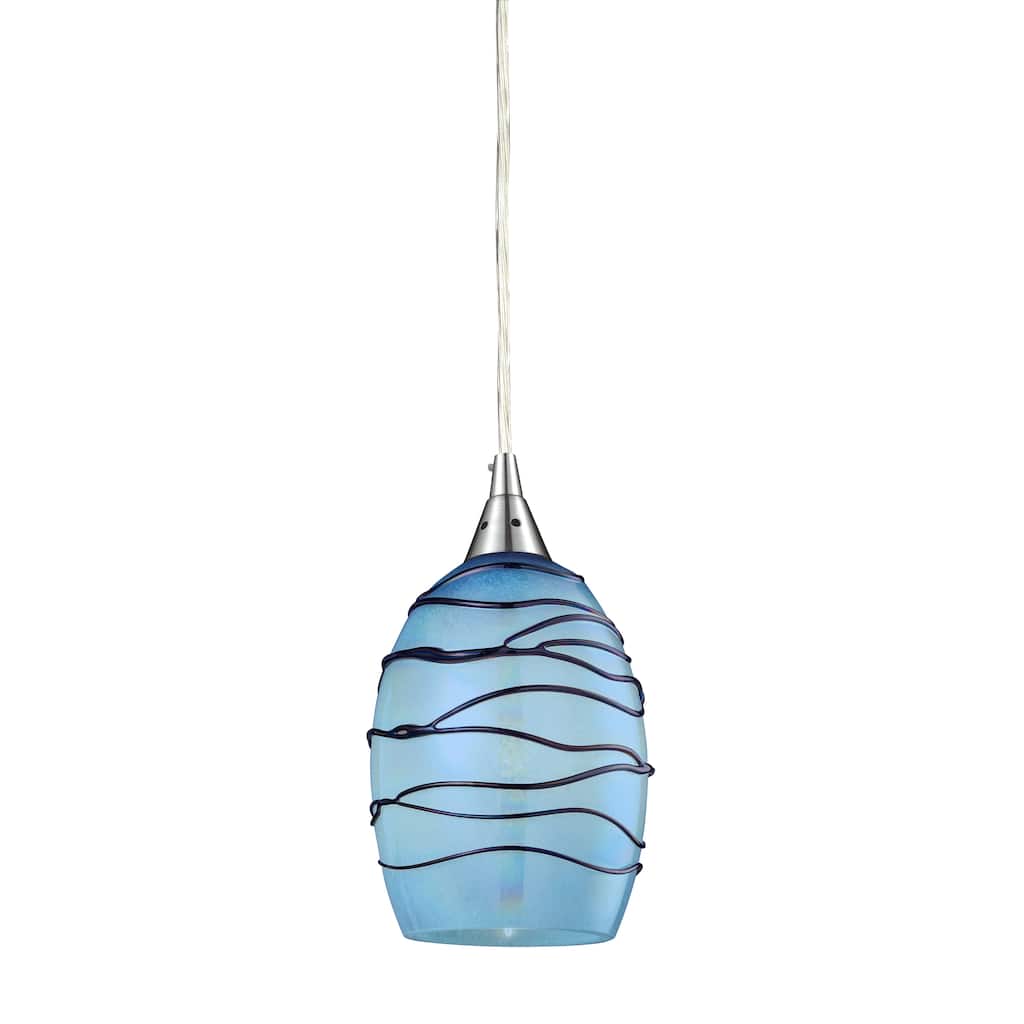 Vines 5-inch Wide 1-Light Pendant in Satin Nickel with Blue Glass - 5in W x 5in D x 8in H