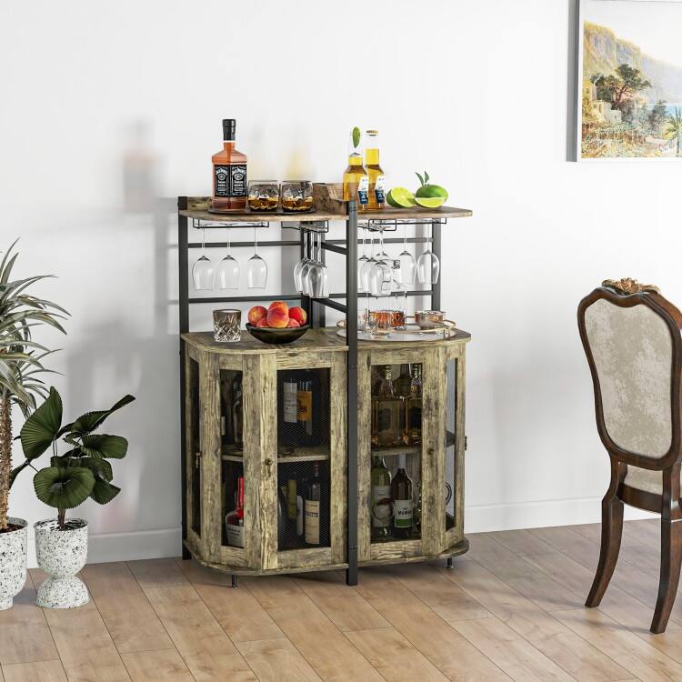 Industrial Corner Bar Cabinet with Glass Holder and Adjustable Shelf - 19" x 19" x 51"