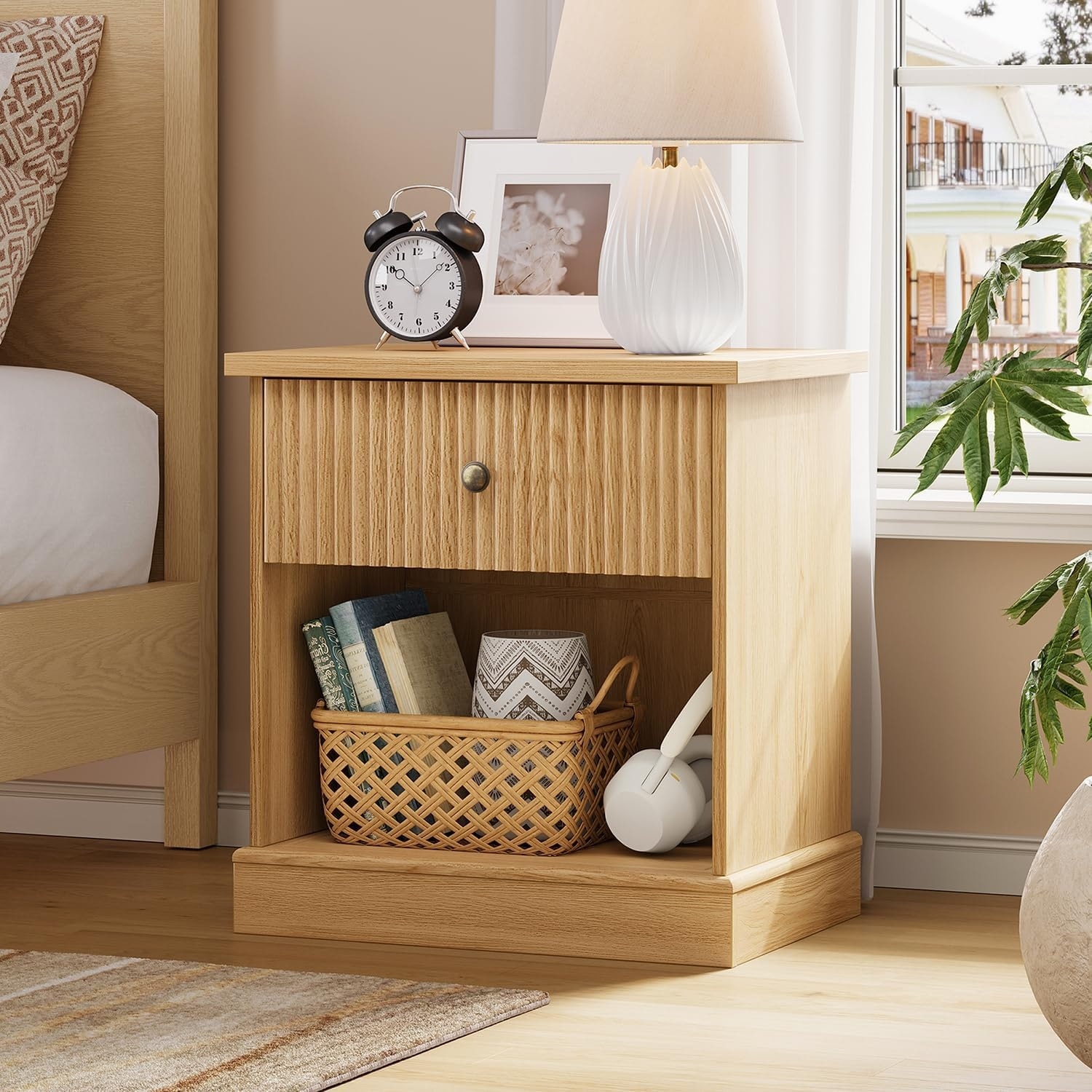 Fluted Nightstand with Drawer, Mid Century Modern Bedside Table with Open Shelf