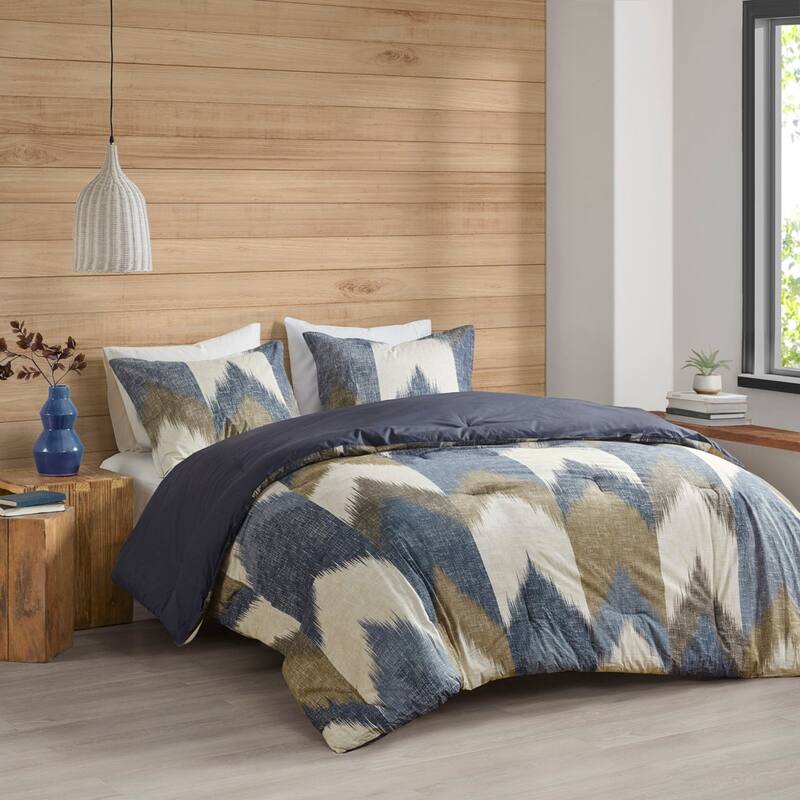 GDF Studio - Alpine 3-Piece Cotton Comforter Mini Set - Navy & Gold (Full/Queen)