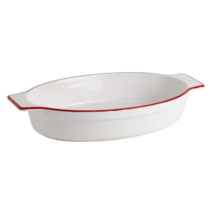 Denmark Tools for Cooks 15" x 9" Oval White Ceramic Baker w/ Red Rim
