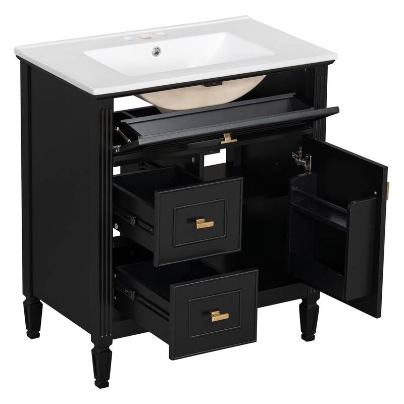 30" Bathroom Vanity with Ceramic Sink Combo, Bathroom Vanity Cabinet with 1 Flip Drawer, 2 Drawers & Adjustable Shelf