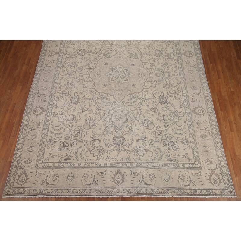 Hand Knotted Oriental 100% Wool Carpet Traditional Floral Beige & Ivories Tabriz Area Rug - 13' 2'' X 9' 10''