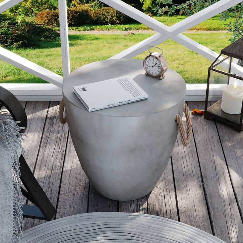 COSIEST Outdoor Lightweight Concrete Side Table w Hemp Rope Handles