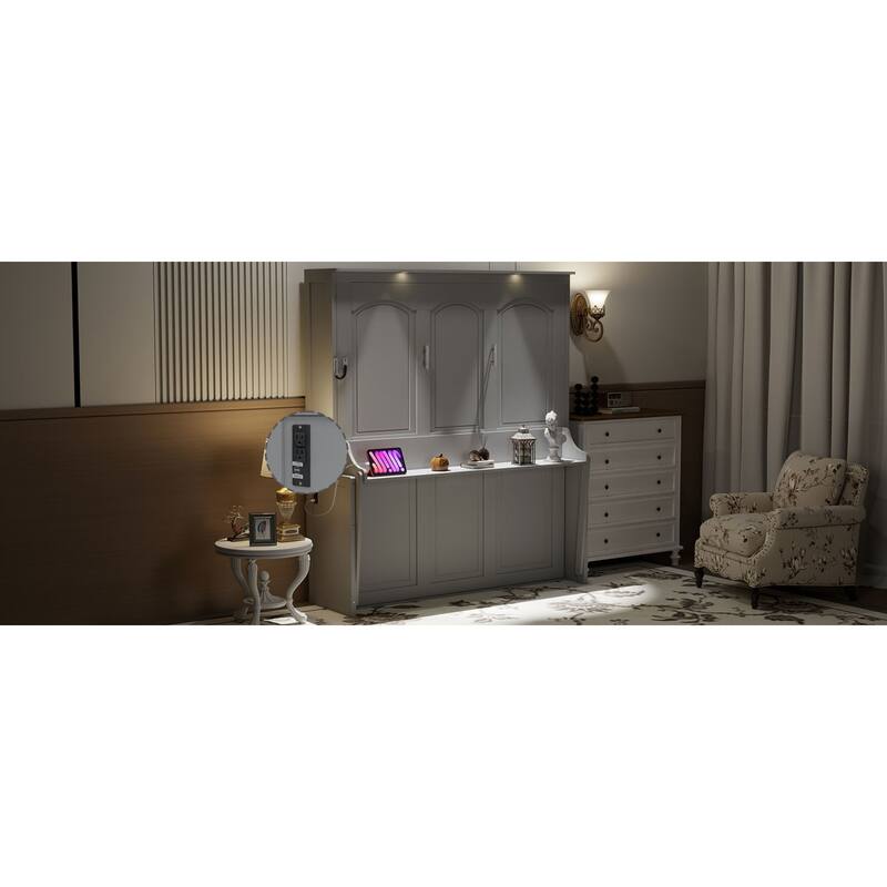 Roomfitters Queen Size Murphy Bed with Folding Desk and USB Charging Ports, Space-Saving Wall Bed with LED Lights