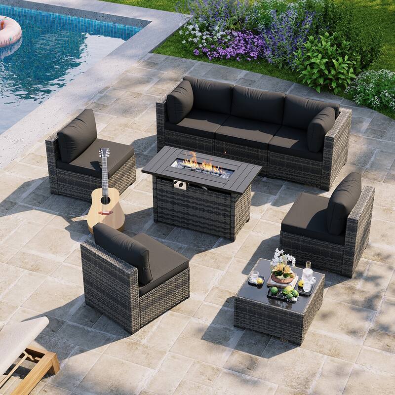 AOXUN Wicker Rattan Outdoor Sectional Sofa Set with Coffee Table - 8 pcs - Grey-Black
