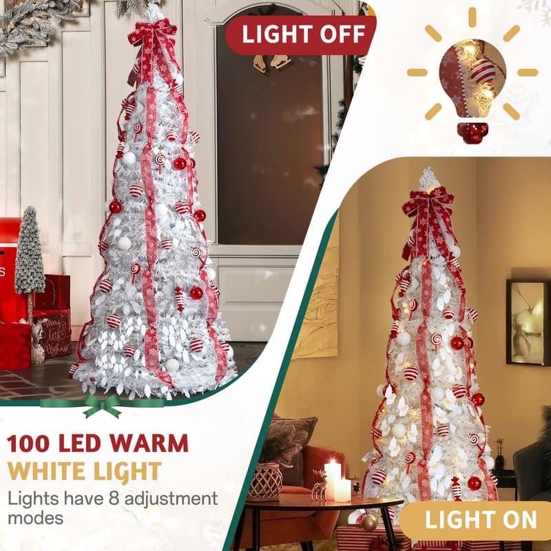 6 FT Fully Decorated Pre-lit Christmas Tree, Pop Up Artificial Xmas Tree for Home Office Store Holiday Deco, White