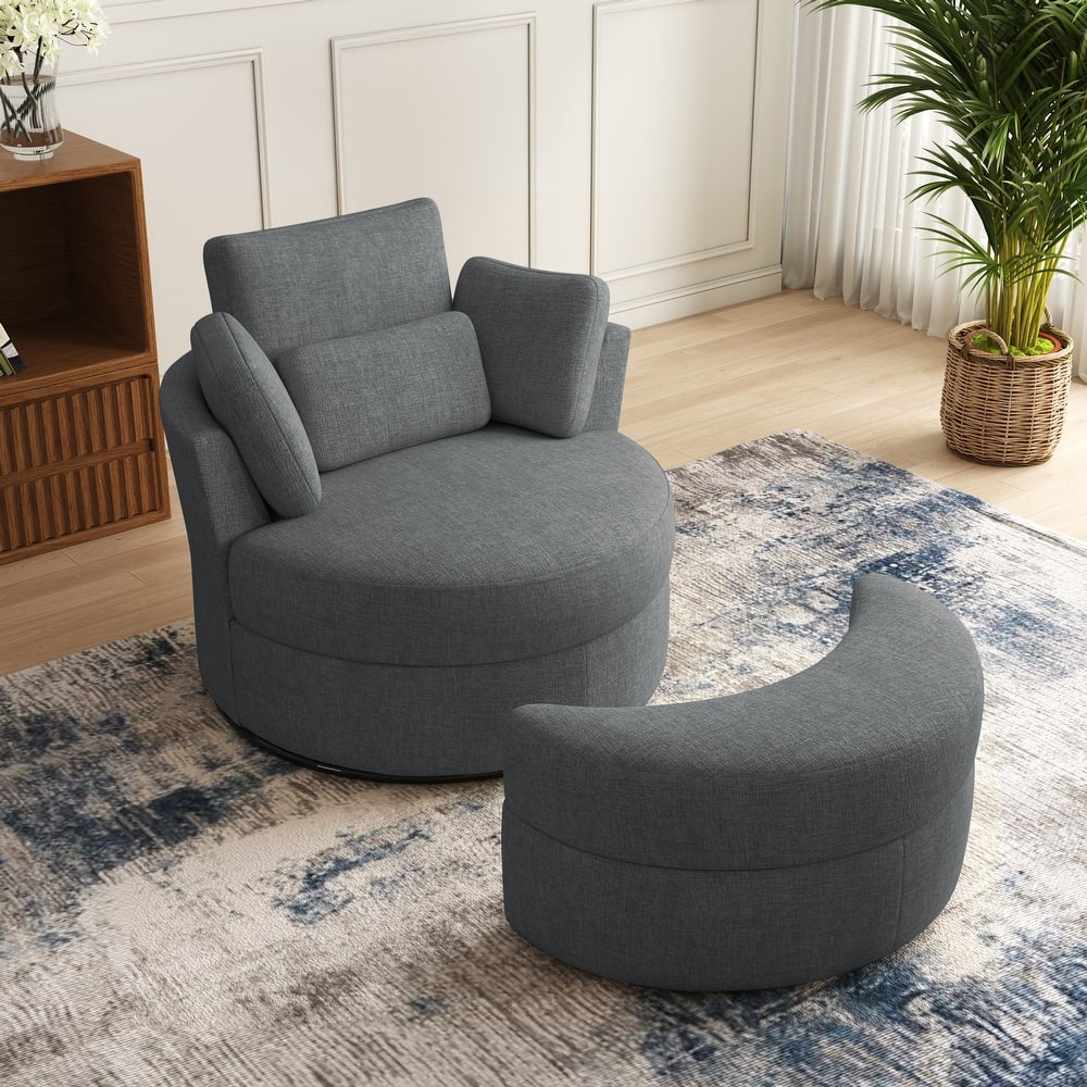Oversized Upholstered Swivel Barrel Chairs with Storage Ottoman