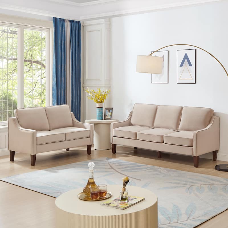 Taupe Velvet Loveseat Sofa with Scooped Armrest