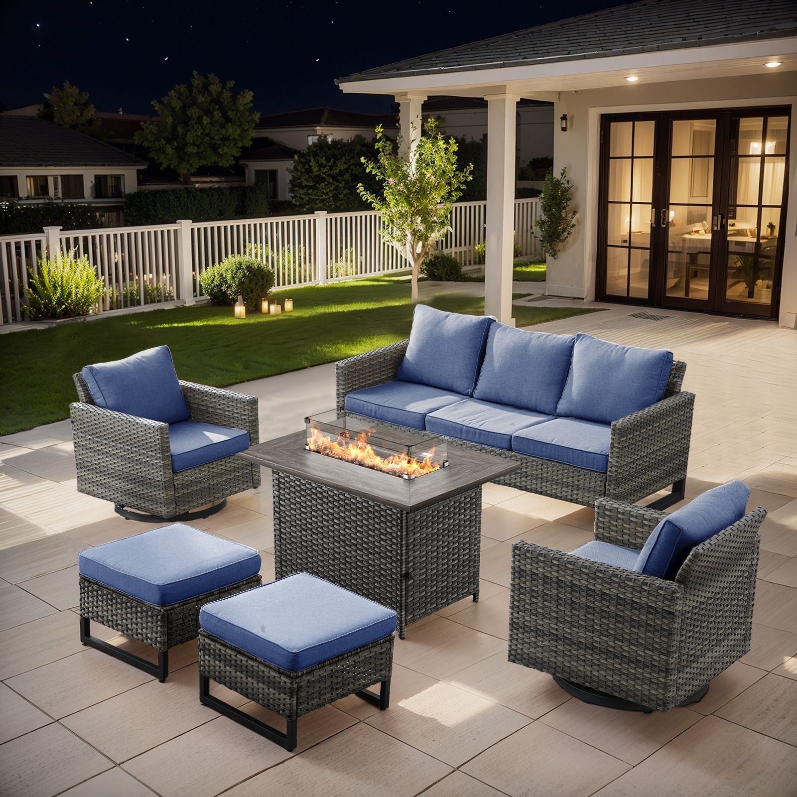 Outdoor Sofa 2 Swivel Chairs Ottomans and Fire Pit Table