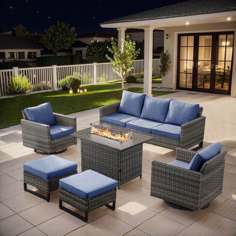 Outdoor Sofa 2 Swivel Chairs Ottomans and Fire Pit Table - Grey - Blue