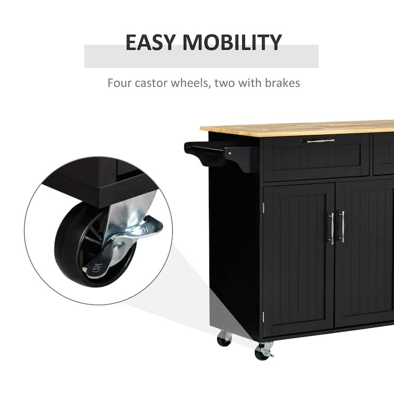 HOMCOM 48" Modern Kitchen Island Cart on Wheels with Storage Drawers, Rolling Utility Cart with Adjustable Shelves, Cabinets