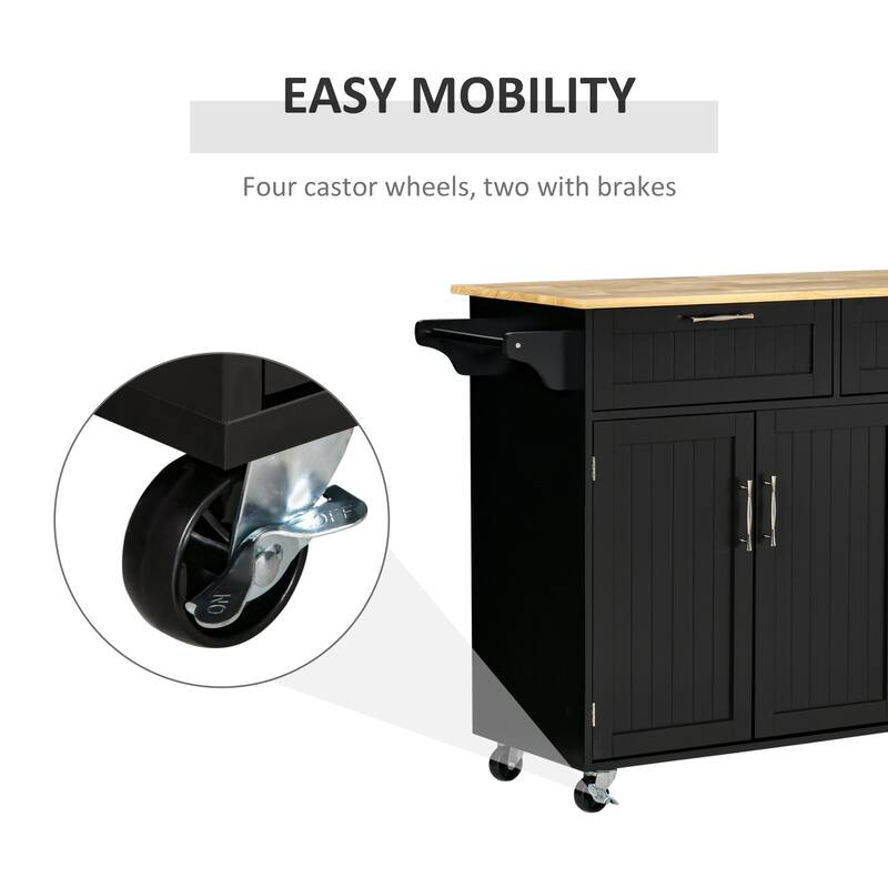 Mobile Kitchen Island on Lockable Wheels, Rolling Storage Trolley with Wood Top, Adjustable Shelves, 2 Drawers & 3 Door Cabinet