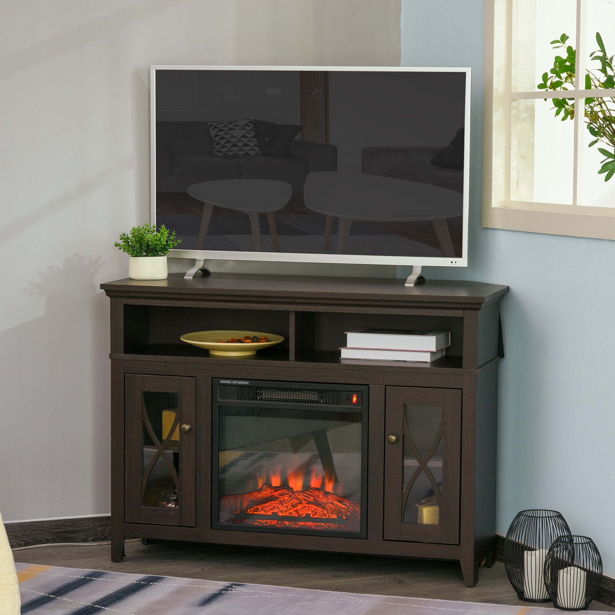 LED Flame HOMCOM 2-IN-1 Wood Corner TV Stand with Media Center Console and Electric Fireplace Fits 55 TV Dark Coffee