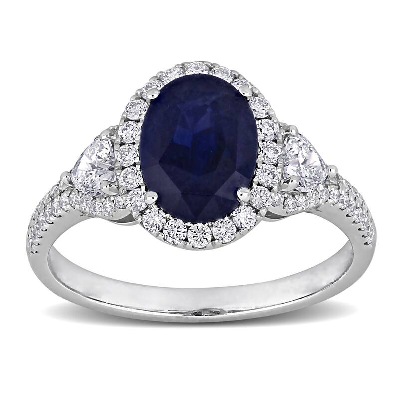 Miadora 2 1/5ct TGW Oval-Cut Blue Sapphire 7/8ct TDW Heart-Cut Diamonds Halo Ring in 14k White Gold