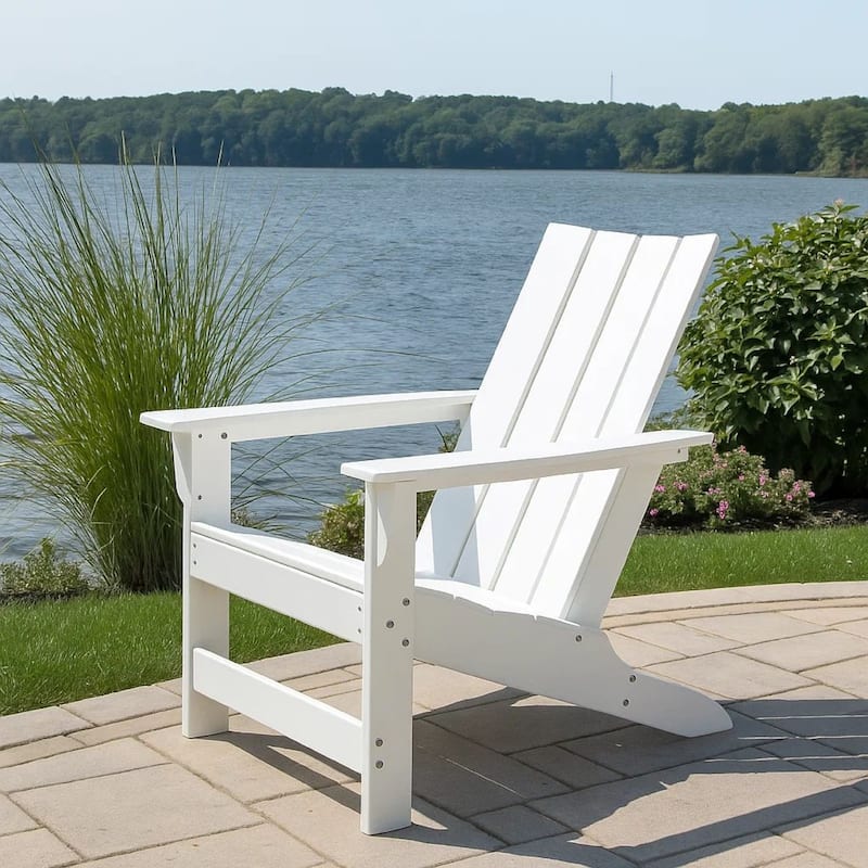 Elisa Outdoor Adirondack Chair, White Resin, Slat Panel Back and Seat