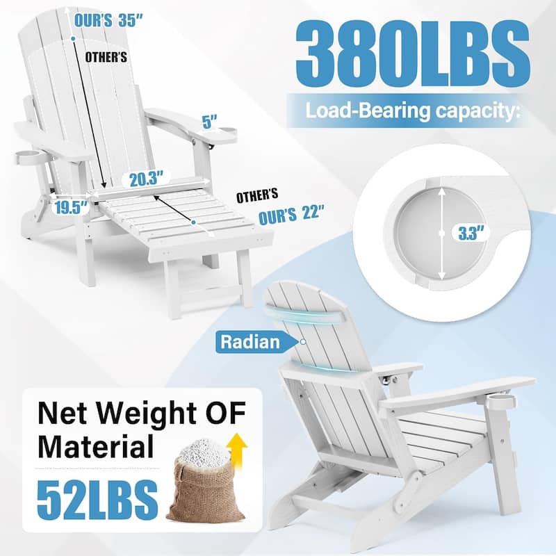 WINSOON All Weather HIPS Folding Adirondack Chair with Ottoman, 5-Gear Adjustable Backrest and Retractable Ottoman Set of 4
