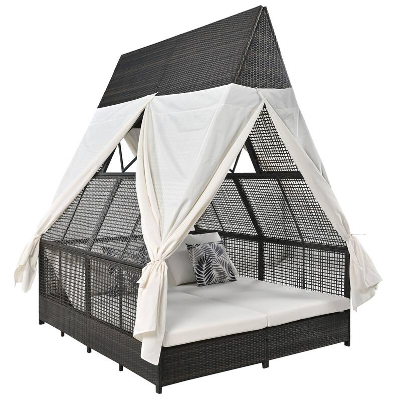 Outdoor Patio Rattan Daybed Sunbed with Triangle Tent, Adjustable Backrest, and Curtains