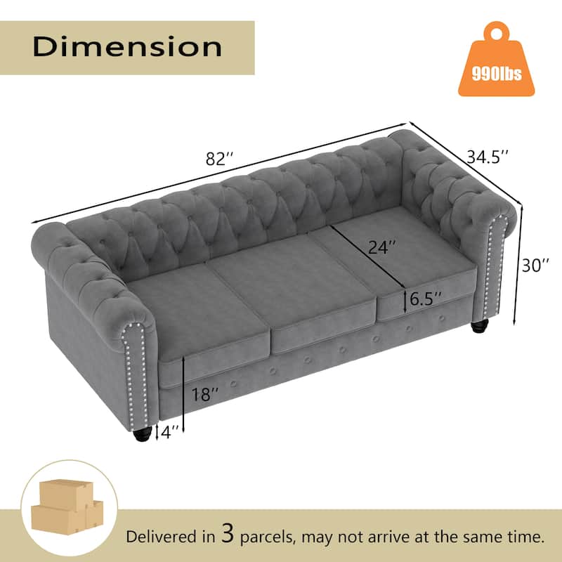 Morden Fort Velvet Upholstered Chesterfield Sofa with Nailhead and Solid Legs for Living Room