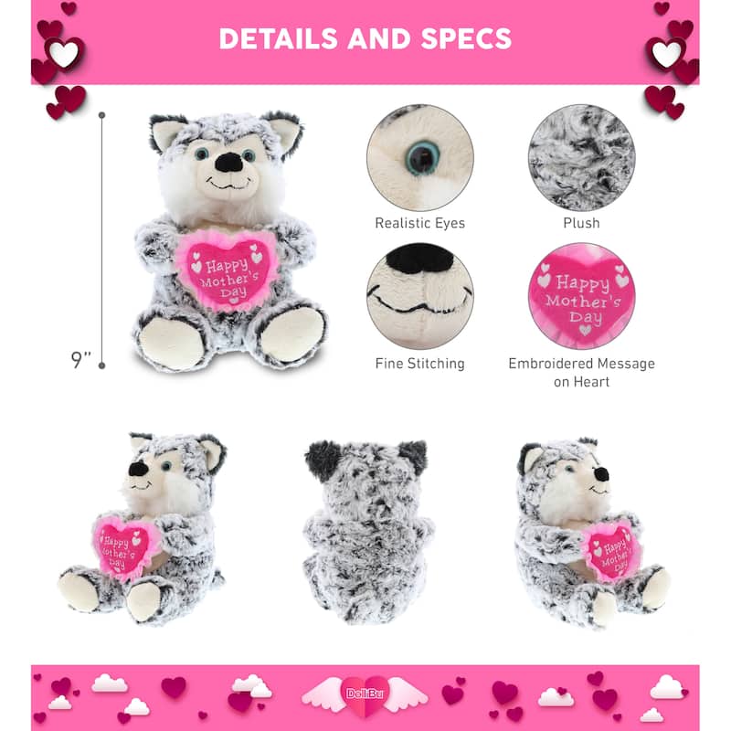 DolliBu Happy Mother's Day Super Soft Plush Sitting Husky Dog Figure - 9 inches