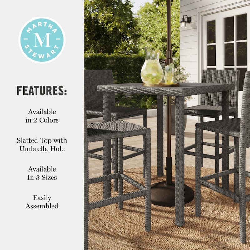 Martha Stewart Outdoor Rattan Wicker Patio Bar Table with Engineered Wood Top - 37"W x 37"D x 41"H