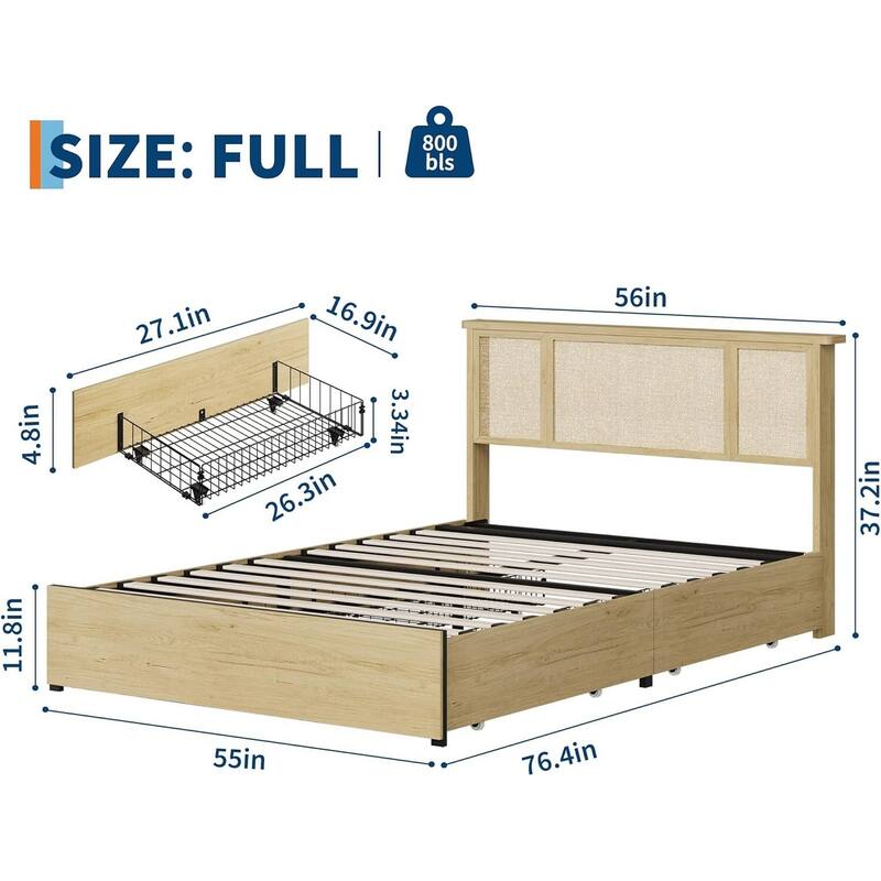 Boho-Style Platform Bed Frame with Natural Rattan Headboard, 4 Drawers, No Box Spring Required