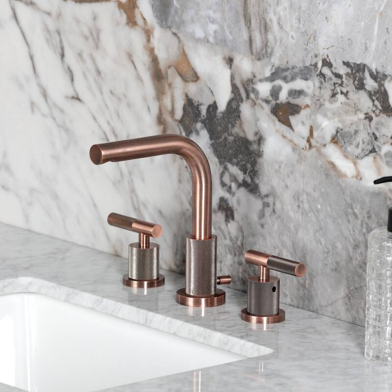 Kingston Brass Convergent Two-Handle 3-Hole Deck Mount Widespread Bathroom Faucet with Knurled Handle and Brass Pop-Up Drain