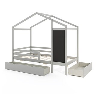 Kids House-Shaped Twin Size Bed with 2 Large Drawers with Blackboard