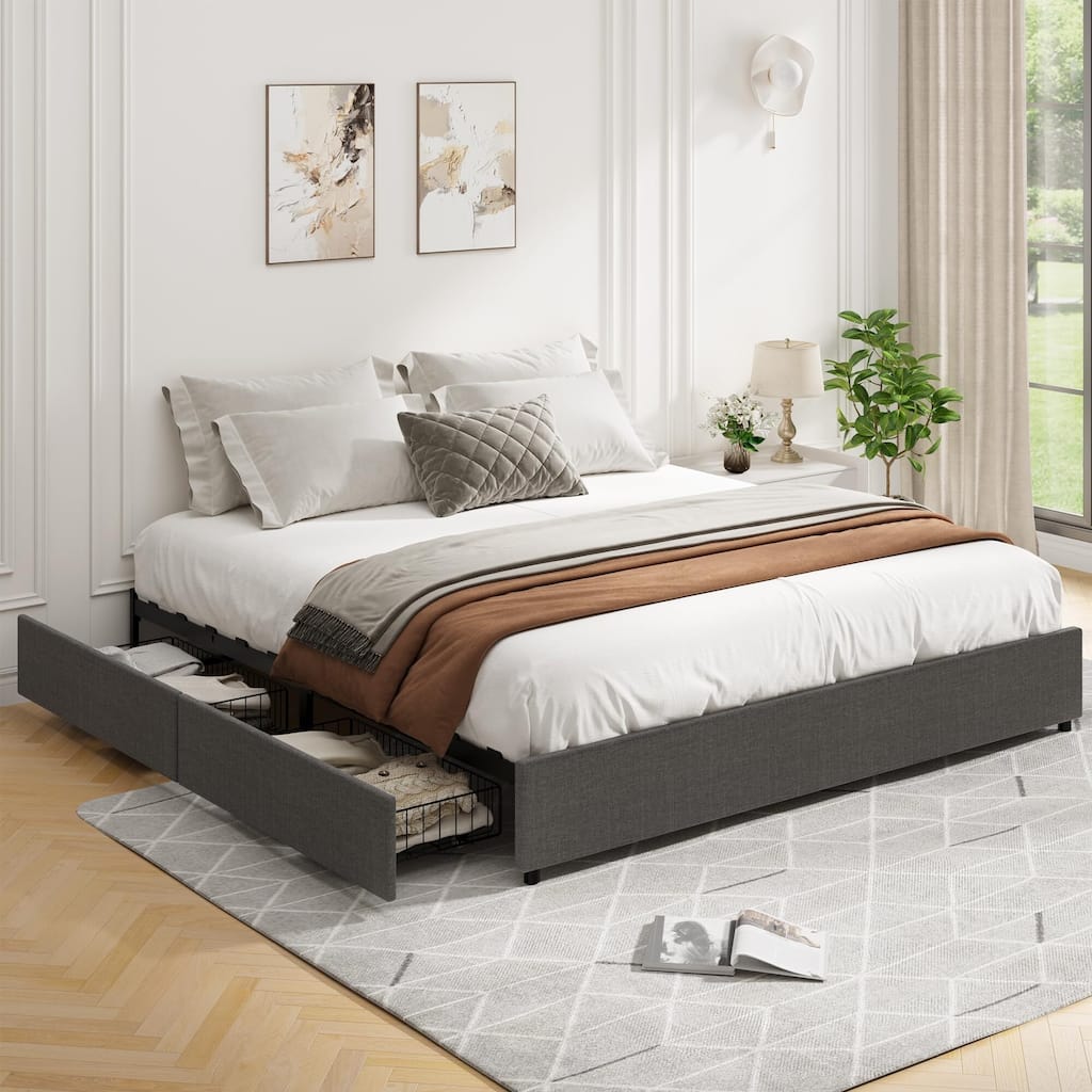 Platform Bed Frame, Fabric Upholstered with 4 Storage Drawers